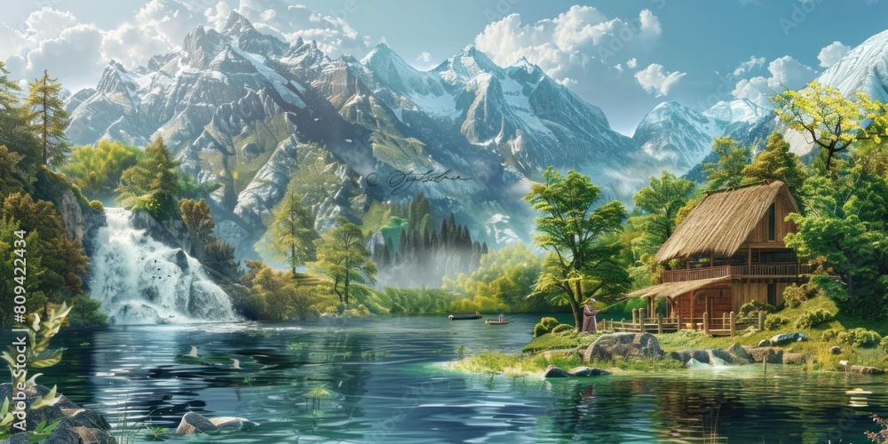 Close up, background landscape, mountains, green trees, waterfalls, a reservoir, a thatched cottage, an old man fishing Close up, background landscape, mountains, green trees, waterfalls, a reservoir, a thatched cottage, an old man fishing