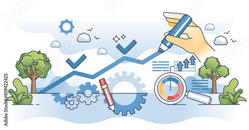 Continuous improvement and steady business development outline hands concept. Growth with effective performance and company evolution vector illustration. Successful organization data profit analysis