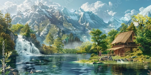 Close up, background landscape, mountains, green trees, waterfalls, a reservoir, a thatched cottage, an old man fishing 