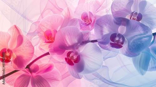 A vibrant and colorful x ray or illustration of beautiful orchid flowers perfect for background or a landscape type of product printing backdrop  Generative AI.