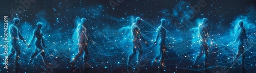 3D chain of human figures holding hands  surrounded by a network of glowing lines  symbolizing unity and connection