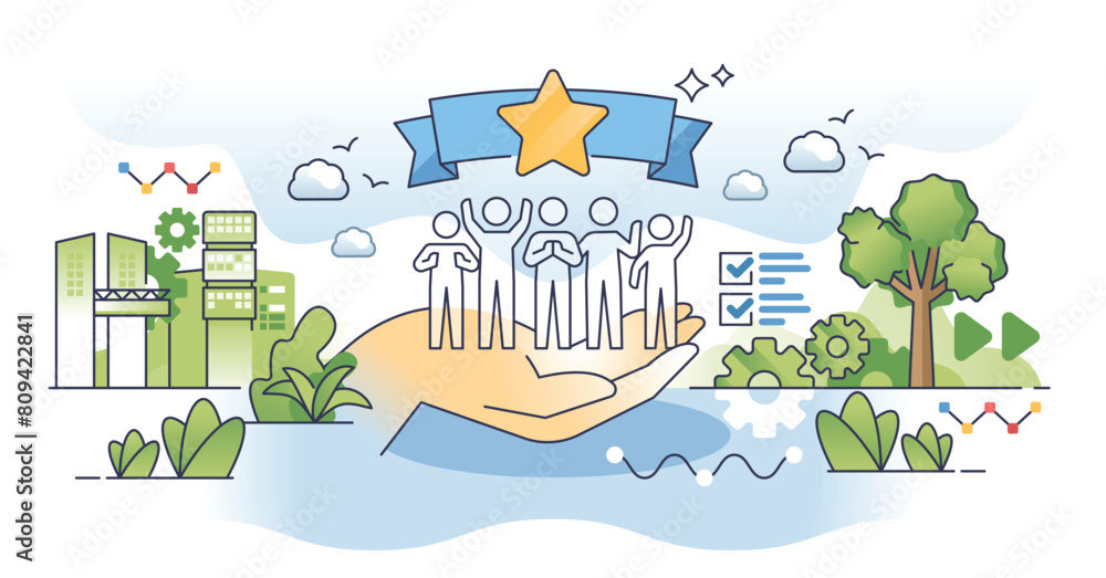 Fototapeta premium Employee advocacy and company labor protection outline hands concept. Workforce legal support and security from lawsuits or judgments vector illustration. Employment guidance and help for justice.