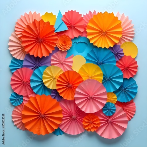 The image features a collection of colorful paper rosettes arranged in a visually pleasing pattern.