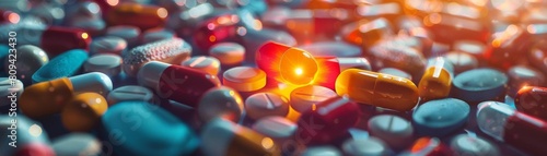 A dense cluster of pills with one illuminated brightly, representing a breakthrough or key medication in a treatment regimen photo