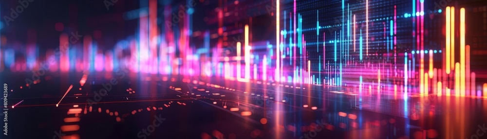 A sleek, modern 3D stock market visualization with neon accents, designed for a futuristic financial analysis presentation A sleek, modern 3D stock market visualization with neon accents, designed for a futuristic financial analysis presentation