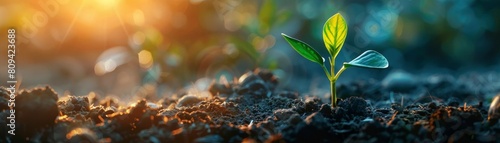 A seedling sprouting from the ground, illustrating potential, new beginnings, and nurturing growth photo