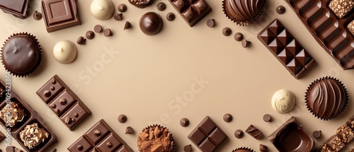 The World Chocolate Day signage notion depicts an array of ranging chocolate frames over a pale beige setting lovely combo choco eater and space, Generative AI.