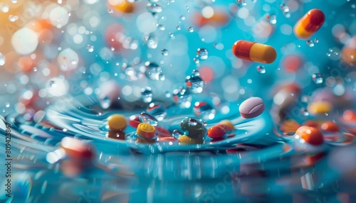 Abstract background with pills dissolving in water, creating a ripple effect to signify the impact of medicine on health