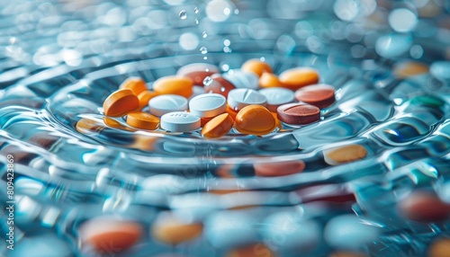 Abstract background with pills dissolving in water, creating a ripple effect to signify the impact of medicine on health