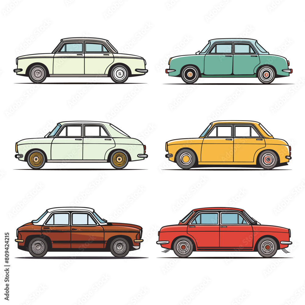 Six vintage cars lined up side profile, distinct color beige, turquoise, light green, yellow, brown, red. Side view classic car collection including sedans, vector graphic, car design, flat style