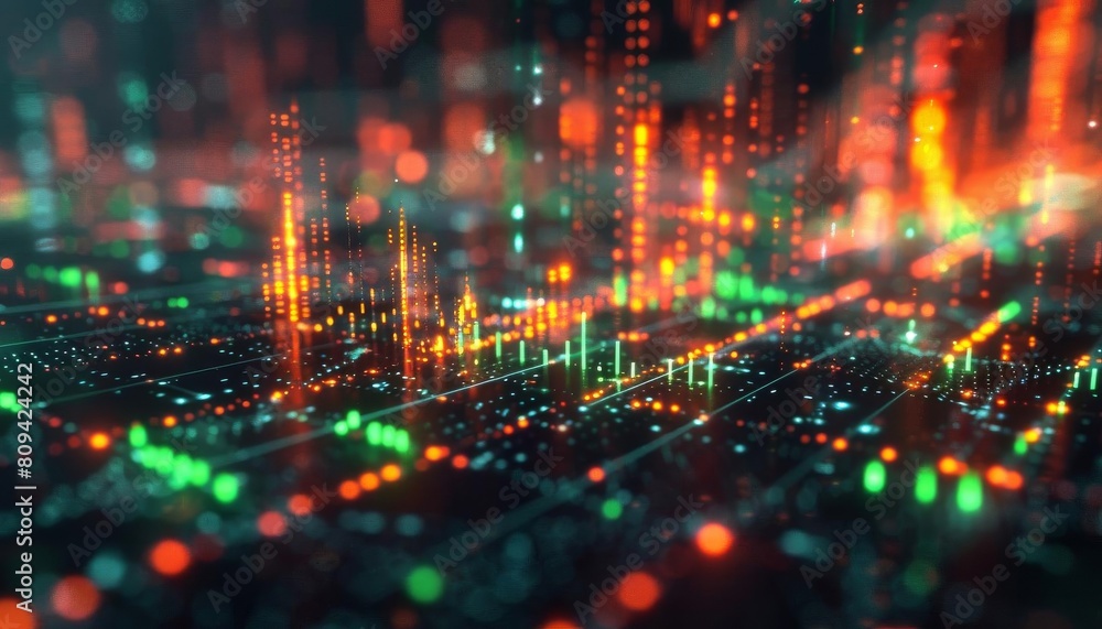 Closeup view of a 3D stock market chart with glowing green and red bars, providing detailed insights into stock performance