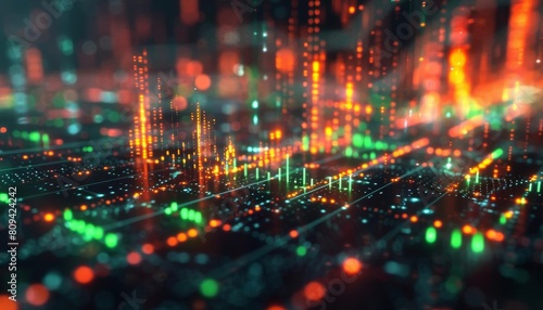 Closeup view of a 3D stock market chart with glowing green and red bars, providing detailed insights into stock performance