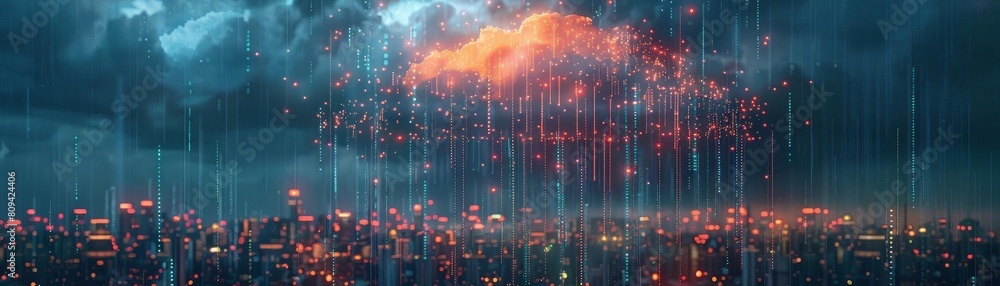 Cybernetic cloud raining data onto a city, where each drop represents a social interaction