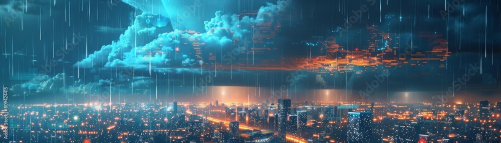 Cybernetic cloud raining data onto a city, where each drop represents a social interaction Cybernetic cloud raining data onto a city, where each drop represents a social interaction