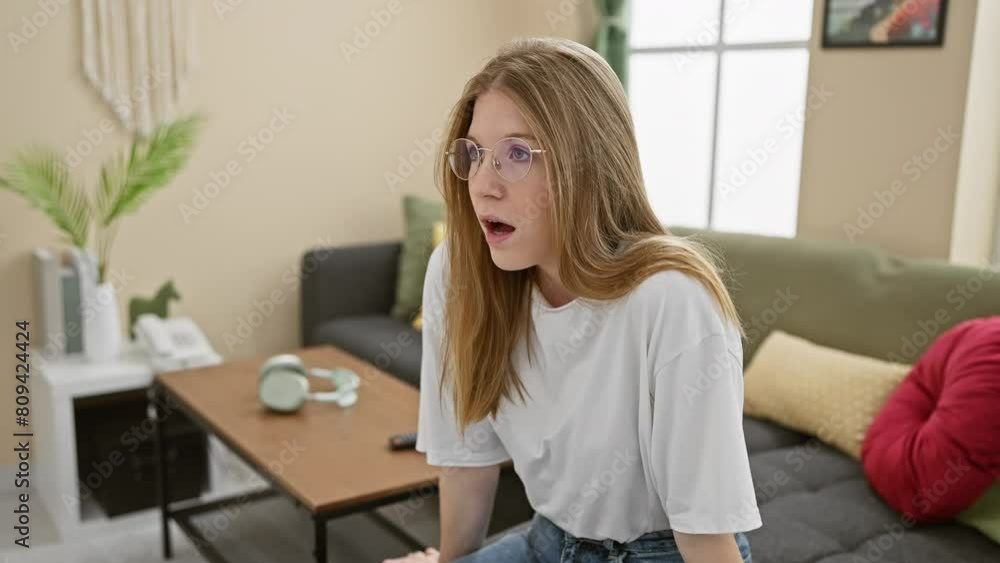 A surprised young woman in glasses reacts in a modern living room. A surprised young woman in glasses reacts in a modern living room.