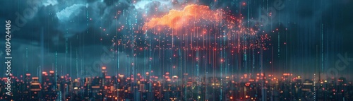 Cybernetic cloud raining data onto a city, where each drop represents a social interaction photo