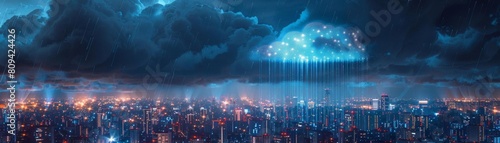 Cybernetic cloud raining data onto a city, where each drop represents a social interaction