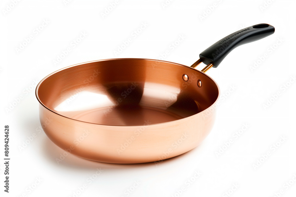 a copper pan with a black handle on a white surface a copper pan with a black handle on a white surface