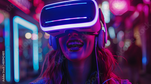 Excited Young Woman Having Virtual Reality Experience, Happy Girl Enjoying VR Simulation, Futuristic Technology Concept, Generative AI   © Aleem