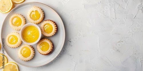 Lovely buttery lemon curd thumbprint cookies, handmade and embellished with powdered sugar, posed over a white platter over a white setting and space, Generative AI.