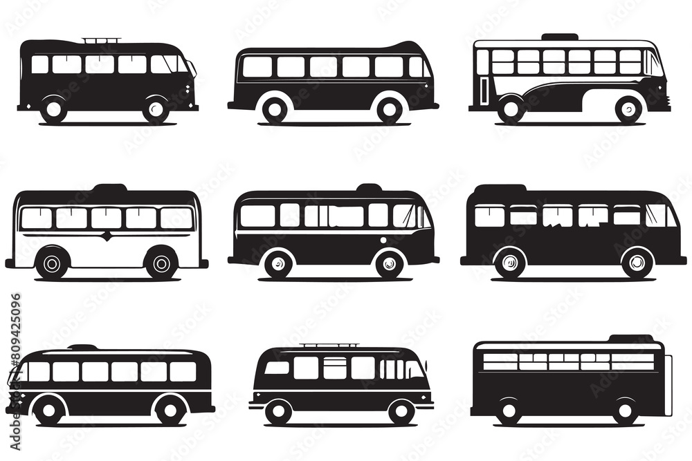 Set of different silhouettes school buses isolated on white background Vector illustration Set of different silhouettes school buses isolated on white background Vector illustration