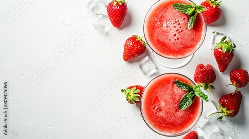 Frapped frozen strawberry daiquiri with berries garniture in a cocktail glass and strewn strawberry wedges over a white setting lovely shot and space, Generative AI.