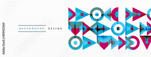 A vibrant illustration featuring colorful geometric patterns with arrows and circles. The design is symmetrical and electric blue, creating a dynamic and eyecatching logo with a modern font