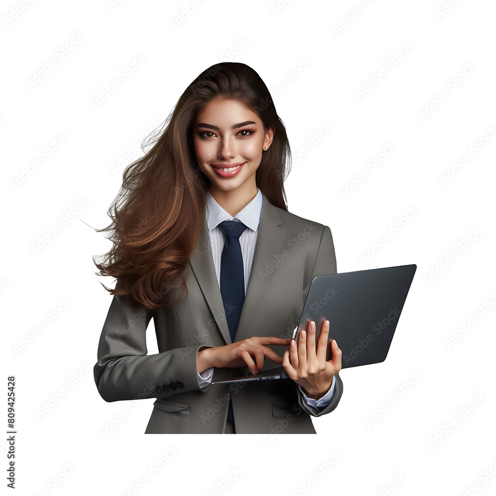 Smiling businesswoman standing in office, holding laptop Smiling businesswoman standing in office, holding laptop
