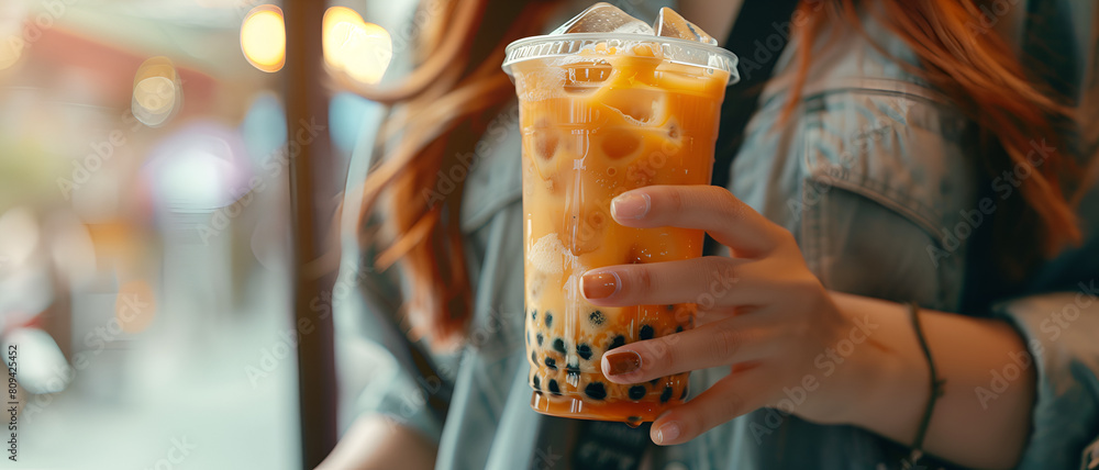 a beautiful woman's hands holding baba tea a beautiful woman's hands holding baba tea