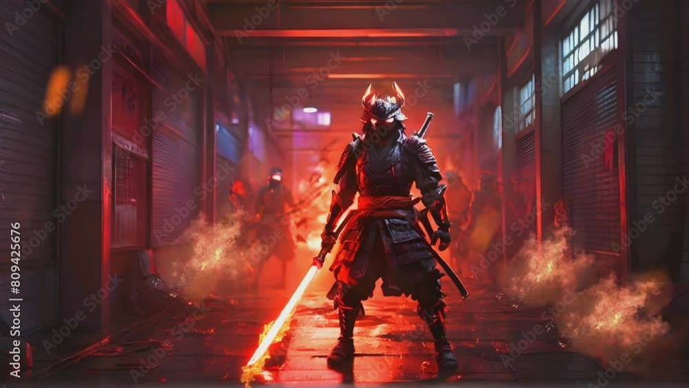 samurai knight with a katana sword emitting fire in the middle of a burning dojo building, seamless looping time lapse virtual 4k video animation background samurai knight with a katana sword emitting fire in the middle of a burning dojo building, seamless looping time lapse virtual 4k video animation background