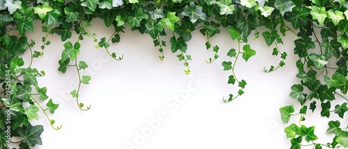 Lovely full frame border comprised of green ivy embedded meticulously over a pale white setting, depicting the grace of springtime and space, Generative AI.