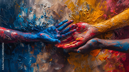 Colorful Artistic Paint Splashes on Hands in Creative Expression photo