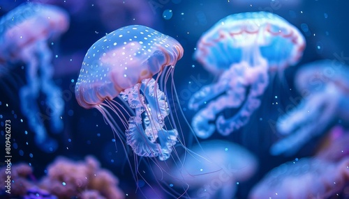 Luminous jellyfishlike shapes in an underwater setting, perfect for mysterious and enchanting visuals © Premreuthai