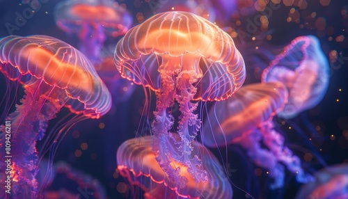 Luminous jellyfishlike shapes in an underwater setting, perfect for mysterious and enchanting visuals photo
