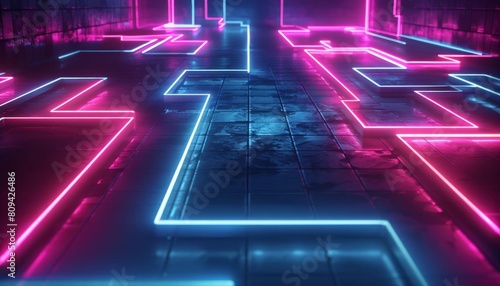 Neon 3D geometric paths intersecting, perfect for complex network and system visualization photo