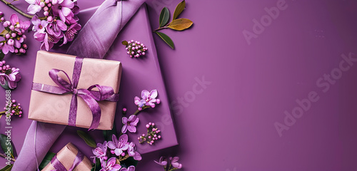 Plum-colored backdrop floral banner wrapped gift ample space for text for Mother's Day.