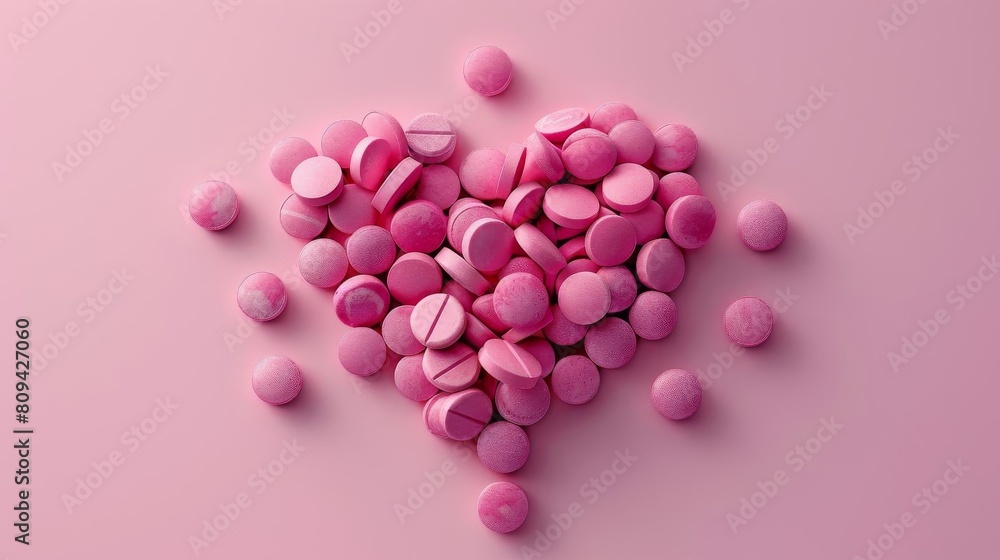 Pills arranged in the shape of a heart on a soft pink background, representing love, care, and health