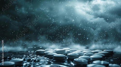 Pills depicted as raindrops in a stormy sky background, representing the overwhelming nature of managing chronic conditions