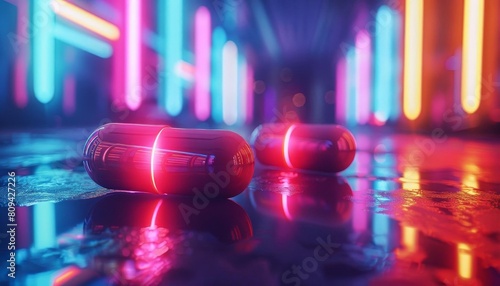 Pills set against a backdrop of neon lights, conveying a futuristic and technological approach to medicine photo