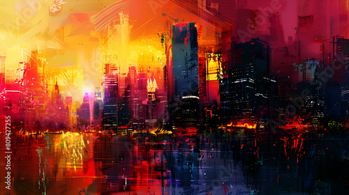 Artistic Painting of Skyscrapers in Abstract Style, Cityscape with Vibrant Colors and Dynamic Brushstrokes, Urban Architecture Illustration, Generative AI