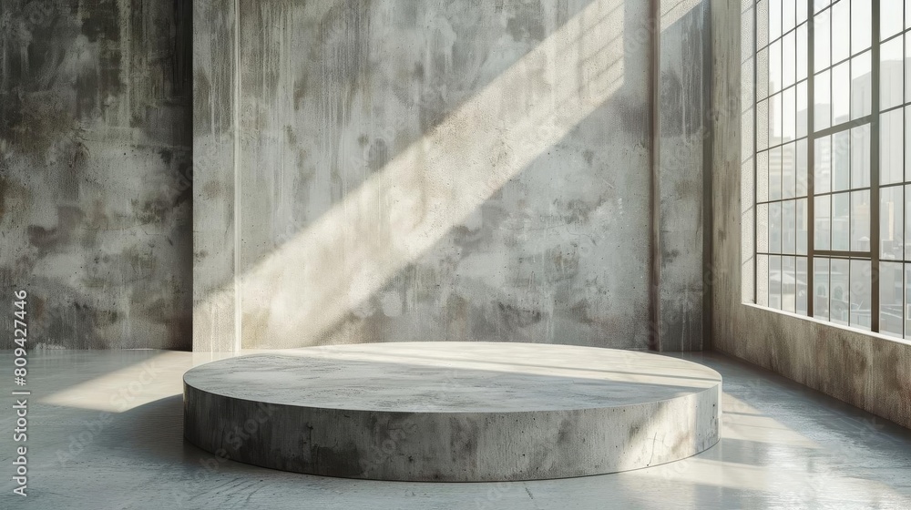 Round concrete podium in an urban loft, perfect for minimalist designs and contemporary art pieces