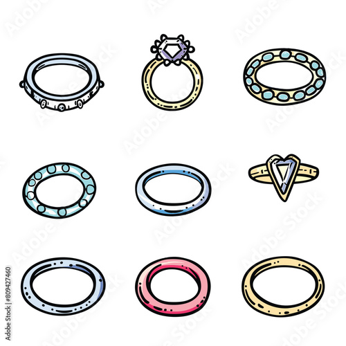 Set handdrawn engagement rings jewelry fashion. Cartoon style wedding bands collection gemstones diamonds. Doodle engagement rings variety colorful isolated white background