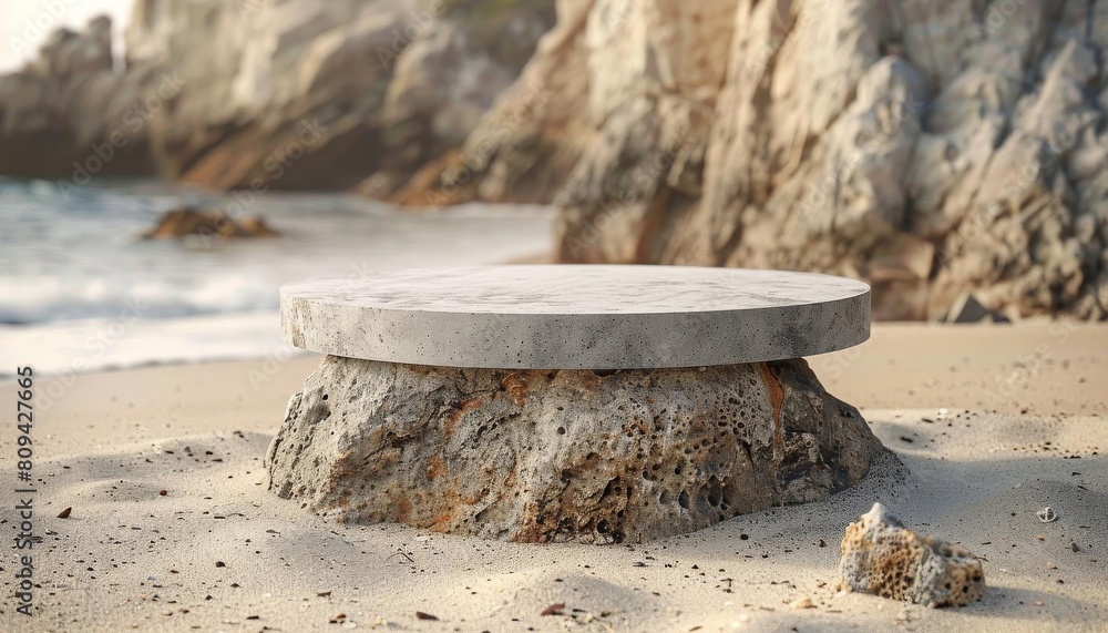 Round podium on a sandy beach, suitable for showcasing swimwear or beach accessories in a natural setting
