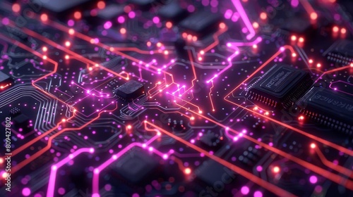 Neon circuit board layout with glowing lines, perfect for tech and AI presentations © Premreuthai