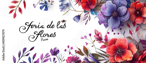An illustration of beautiful Feria De Las Flores poster or banner with lots of flowers and space inside of it for text or product, Generative AI. photo