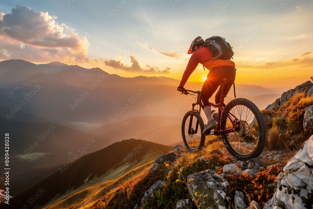 Fototapeta premium Extreme sport cyclist riding the mountain in the evening