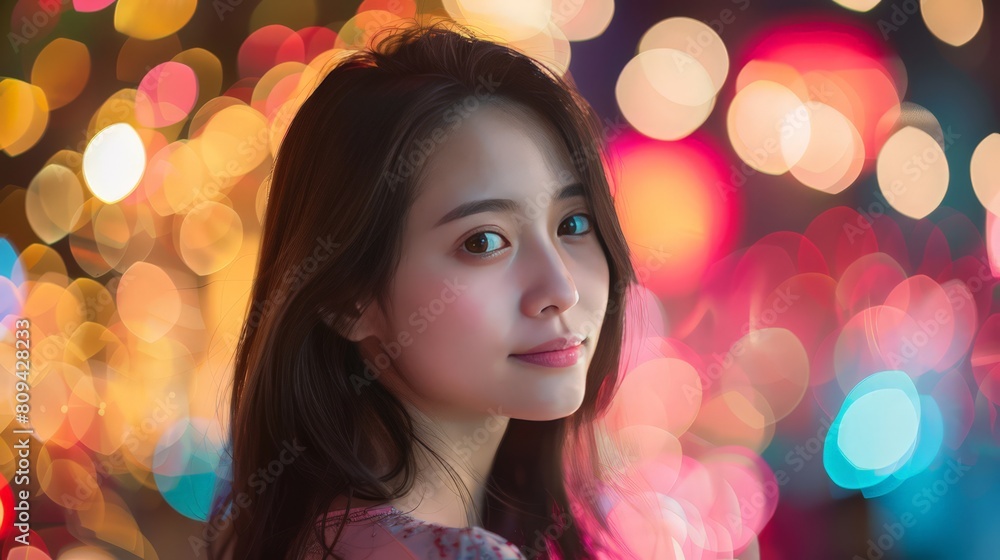 Portrait of a Woman with Colorful Bokeh Lights
