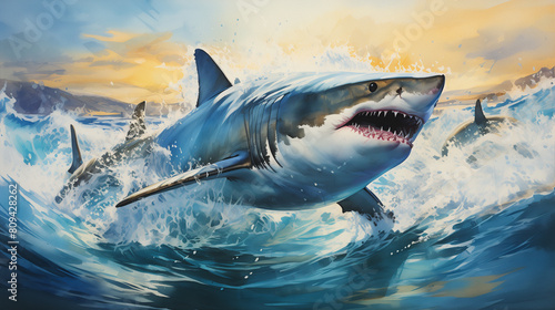 Digital illustration of a great white shark cutting through the ocean s surface  its jaws open  against a backdrop of dynamic waves and a sunset sky.