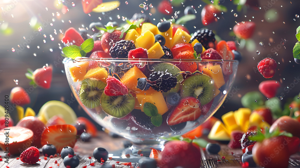 Colorful Fruit Salad Isolated on Transparent Background, Fresh Healthy Tropical Fruits Mix, Organic Food Concept, Generative AI

