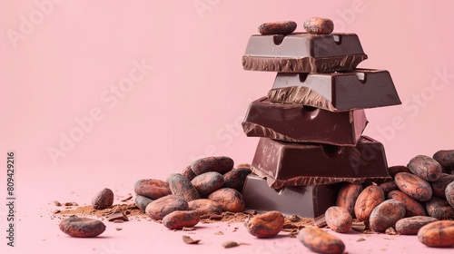 Over a pale pink backdrop, natural organic cocoa beans and shards of dark chocolate bar denote Chocolate Day chocolate lover and space, Generative AI.